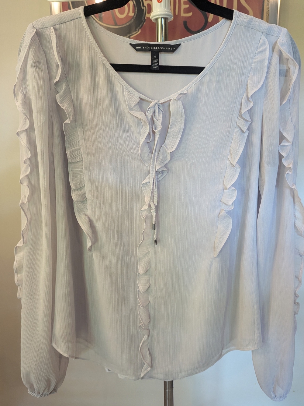 $18 WHBM Size 8 - Ruffle Sheer Striped Tie-Neck Blouse Lavender EUC